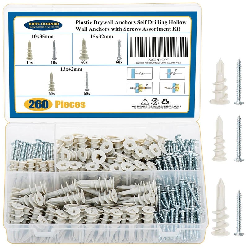 BUSY-CORNER 260 PCS Self Drilling Drywall Anchors, 3 Sizes Nylon Plastic Wall Anchors with Screws for Drywall, No Pre Drill Hole Preparation Required, 10x35mm, 13x42mm, 15x32mm - Image 1